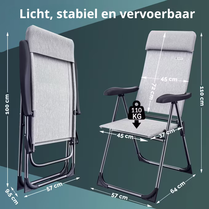 Nancy's Ataes Tuinstoel Set van 2 - Ligstoel - Verstelbaar - Inklapbaar - Ergonomisch - Grijs - Aluminium zwart frame