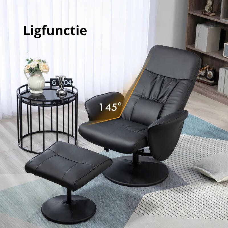 Nancy's Briteiros Relaxfauteuil - Relaxstoel - Ligstoel - Vertelbare rugleuning - Draaibaar - Voetenbankje - Zwart - Kunstleer / Staal