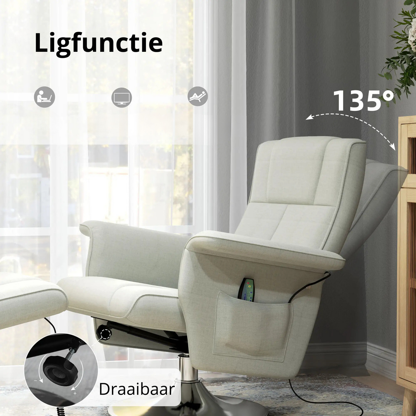 Nancy's Alcafozes Massagestoel - Relaxstoel - Loungestoel - Fauteuil - Roomwit - Linnen