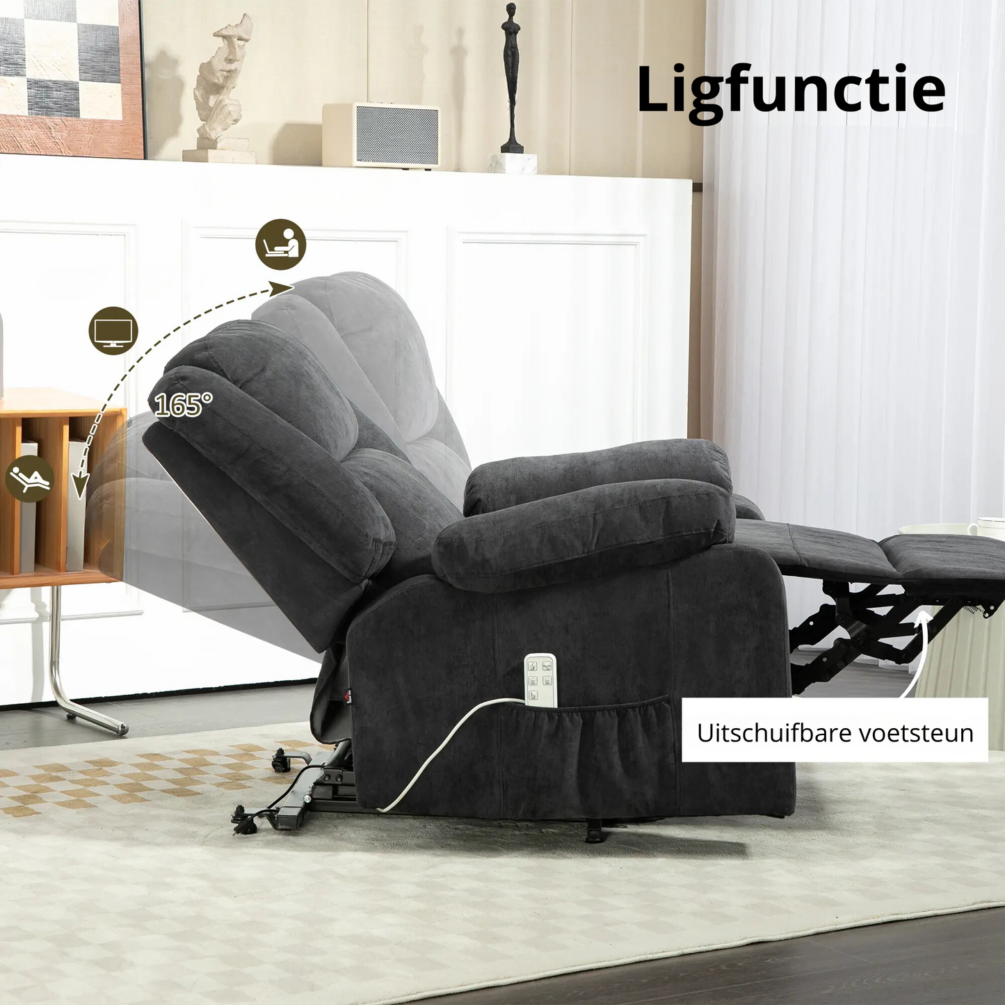 Nancy's Viseu Sta op stoel - Opsta stoel - Seniorenstoel - Relaxfauteuil - Zwart - Pluche