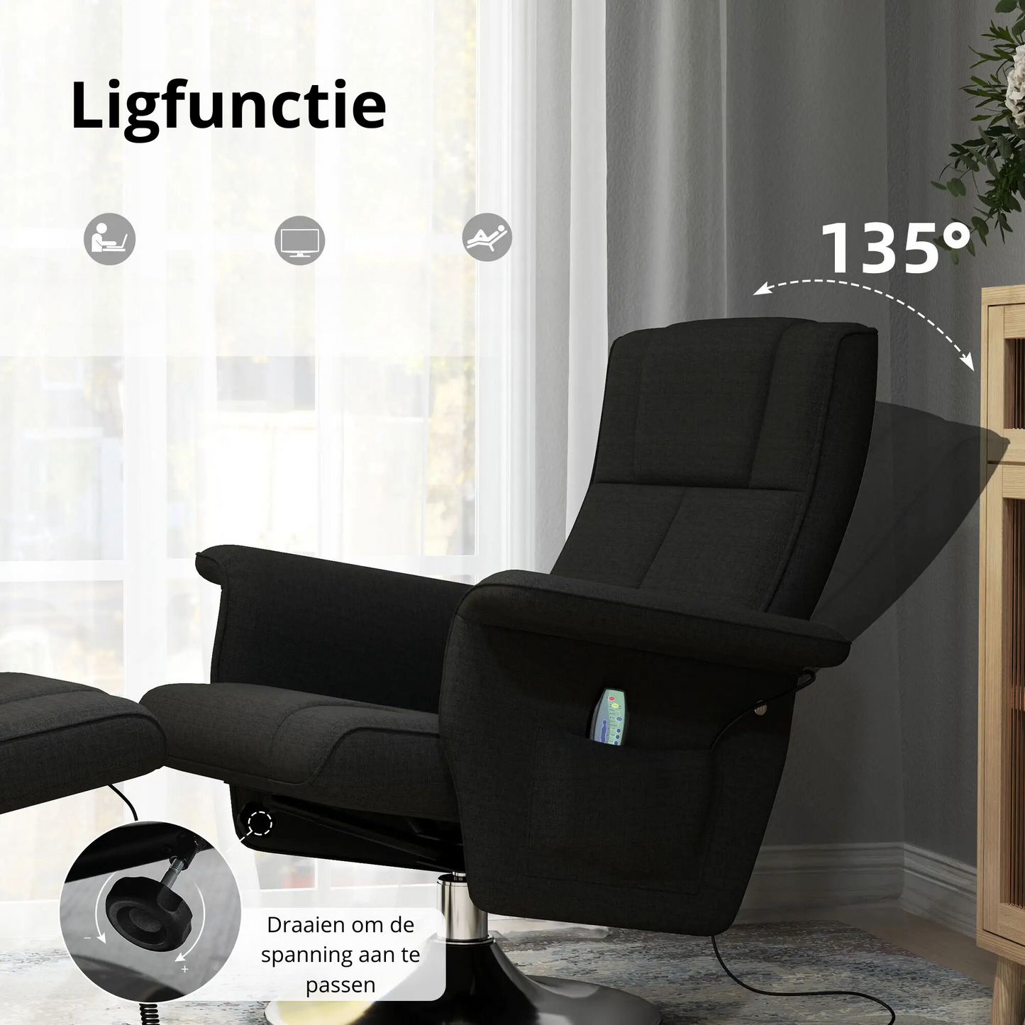 Nancy's Flamengos Massagestoel - Relaxstoel - Loungestoel - Fauteuil - Zwart - Linnen