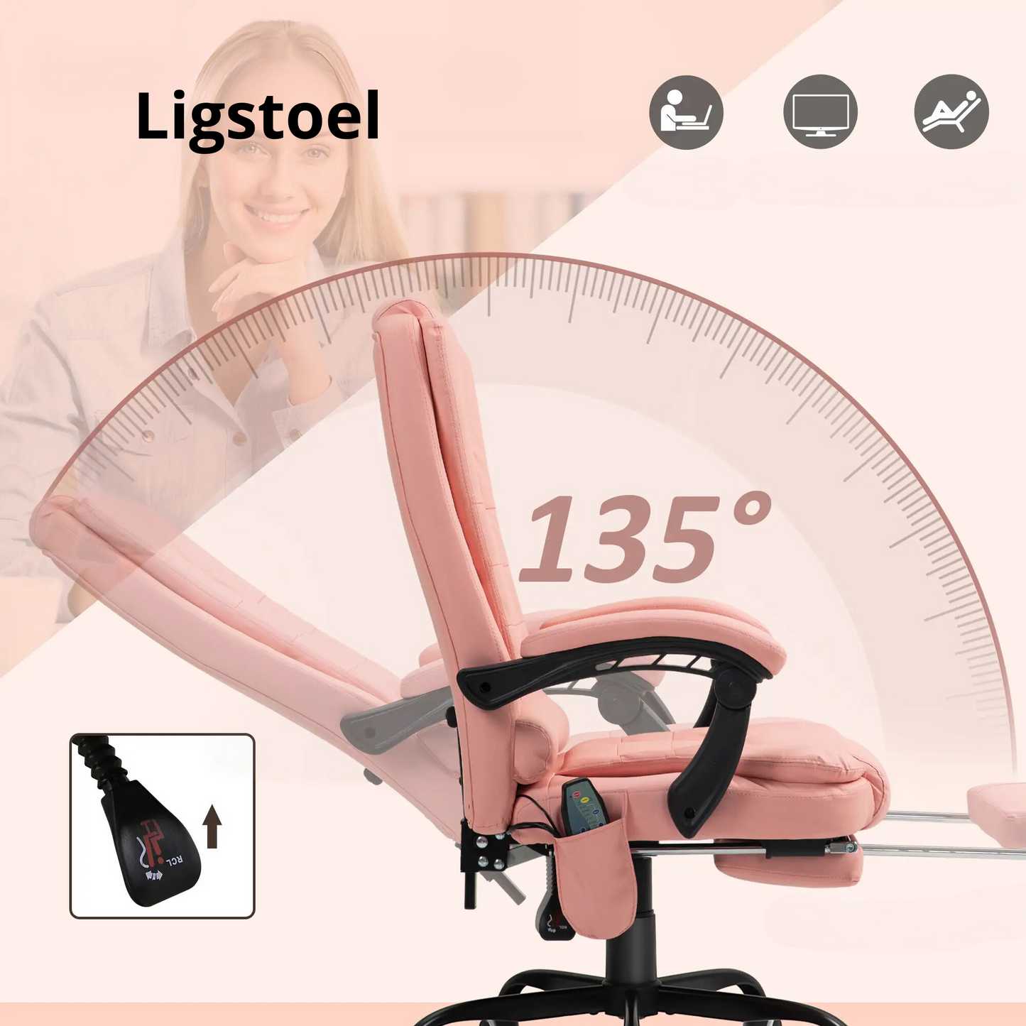 Nancy's Monsato Massage Bureaustoel - Massagestoel met Warmtefunctie - Ergonomisch - Roze - Kunstleer