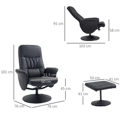 Nancy's Briteiros Relaxfauteuil - Relaxstoel - Ligstoel - Vertelbare rugleuning - Draaibaar - Voetenbankje - Zwart - Kunstleer / Staal