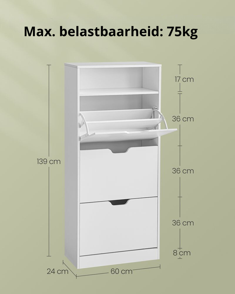 Nancy's Brenzone Schoenenkast - Schoenenrek - Wit - ± 60 x 25 x 140 cm