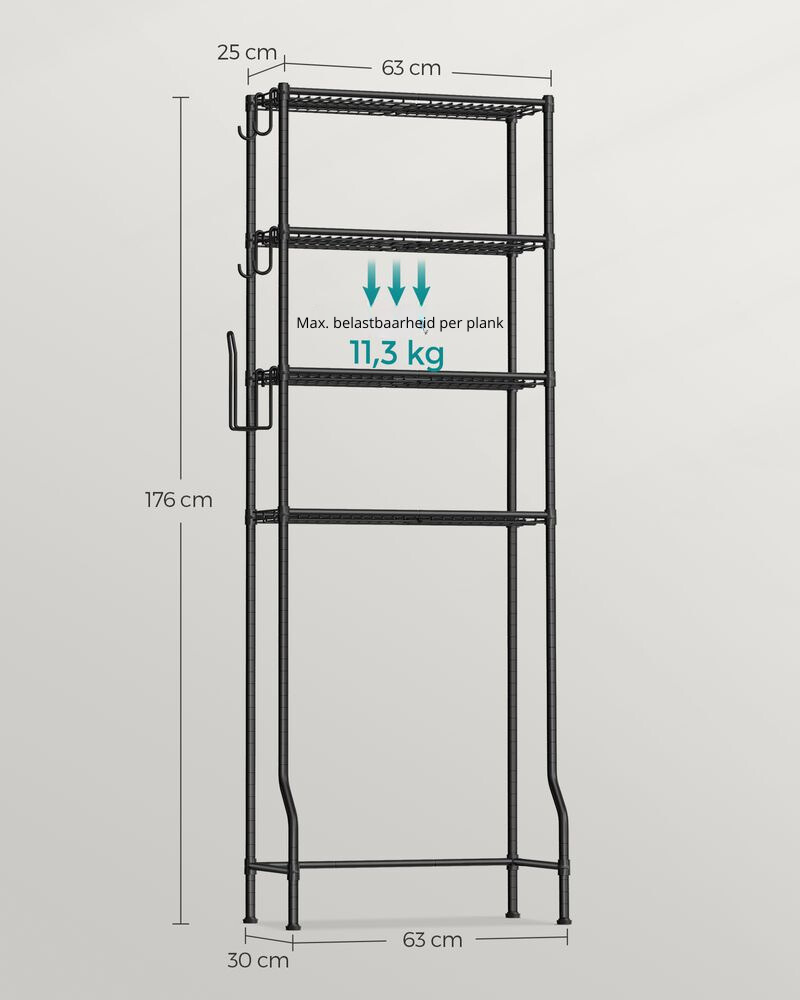 Nancy's Bentivoglio Toiletkast - Toilet Meubel - Badkamerrek - Wasmachinerek - Zwart - Staal - ± 60 x 30 x 175 cm