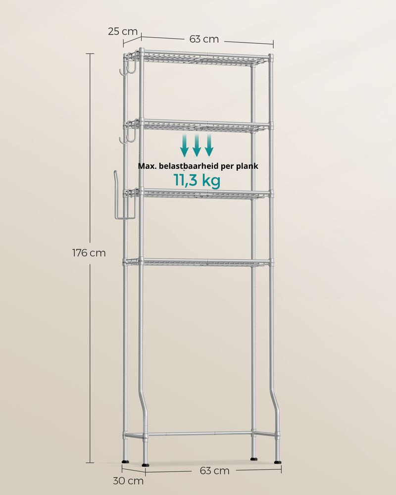 Nancy's Bentivoglio Toiletkast - Toilet Meubel - Badkamerrek - Wasmachinerek - Grijs - Staal - ± 60 x 30 x 175 cm