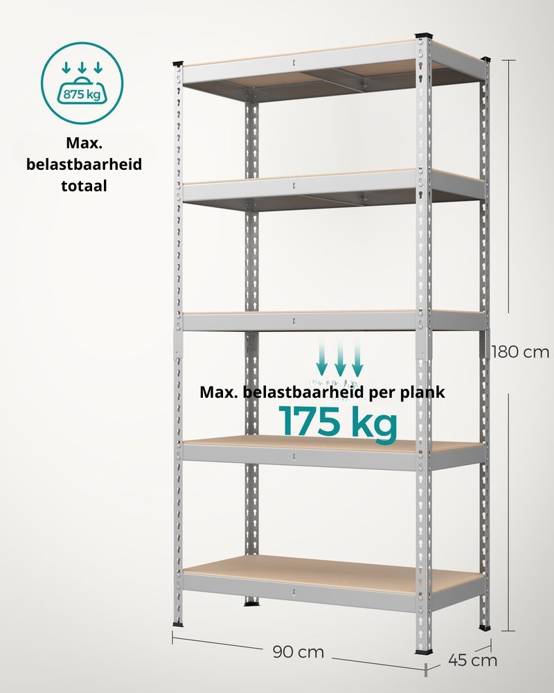 Nancy's Lomba Stellingkast - Opbergkast - Opbergrek - Zilver - Staal - 90 x 45 x 180 cm