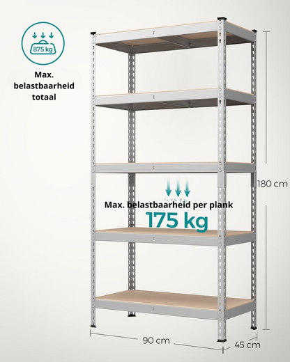 Nancy's Lomba Stellingkast - Opbergkast - Opbergrek - Zilver - Staal - 90 x 45 x 180 cm