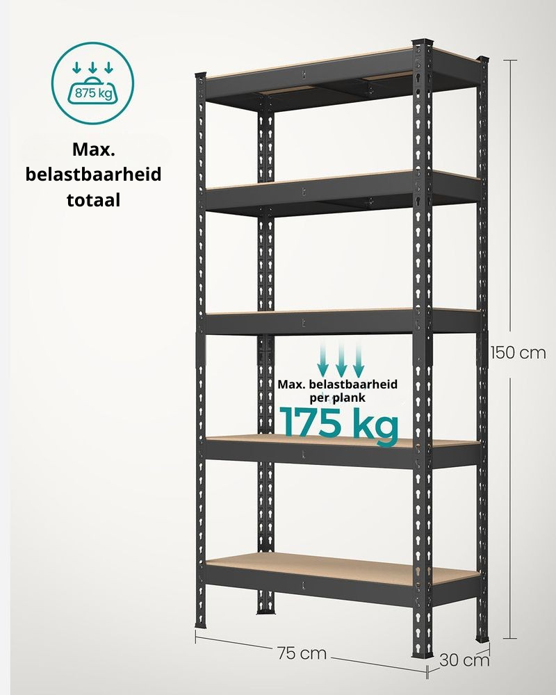 Nancy's Malcata Stellingkast Set van 2 - Opbergkast - Opbergrek - Zwart - Staal - 75 x 30 x 150 cm