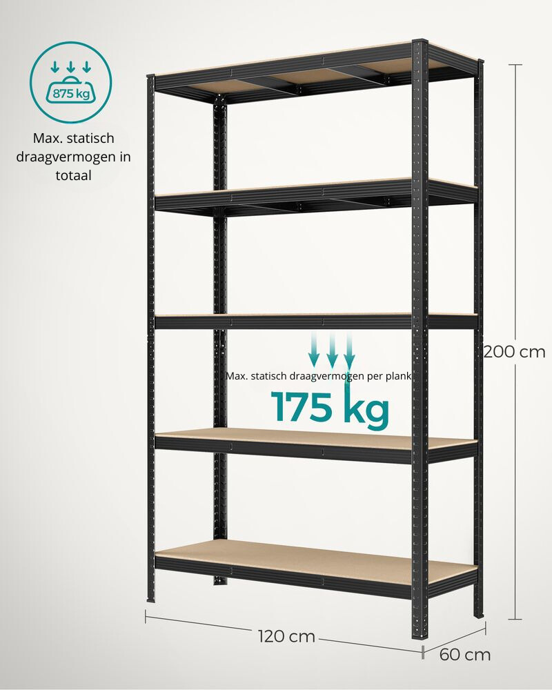 Nancy's Brescia Set van 2 Stellingkasten Extra Diep - Opbergkast - Stellingrek - Zwart - Staal - 120 x 60 x 200 cm