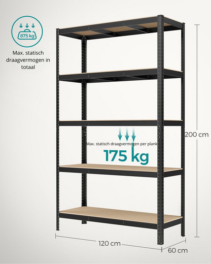 Nancy's Brescia Set van 2 Stellingkasten Extra Diep - Opbergkast - Stellingrek - Zwart - Staal - 120 x 60 x 200 cm