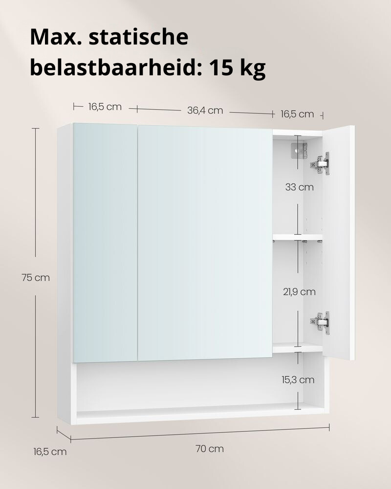 Nancy's Bezzecca Spiegelkast - Badkamer Spiegel - Badkamerkastje - Wit - ± 70 x 15 x 75 cm