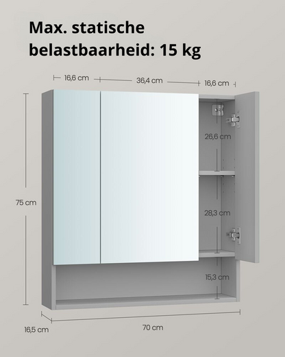 Nancy's Bezzecca Spiegelkast - Badkamer Spiegel - Badkamerkastje - Grijs - ± 70 x 15 x 75 cm