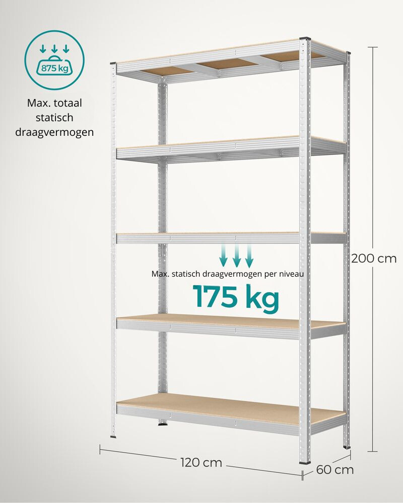 Nancy's Brescia Stellingkast Extra Diep - Opbergkast - Stellingrek - Zilver - Staal - 120 x 60 x 200 cm