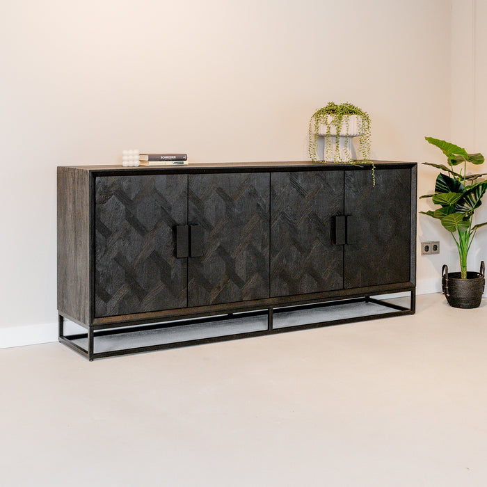 Buffet Ceivaes de Nancy - Meuble de rangement avec 4 portes - Noir - Bois de manguier / Acier - ± 195 x 40 x 85 cm