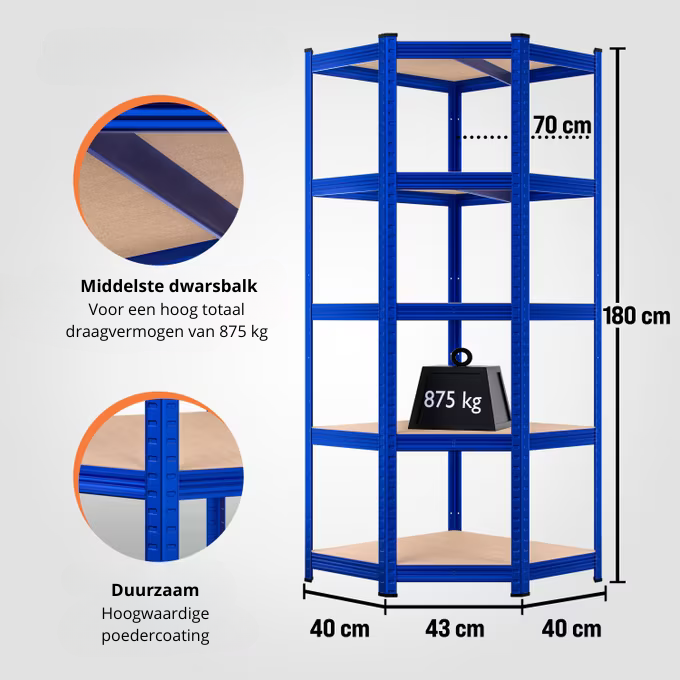 Nancy's Orland Stellingkast - Opbergkast - Stellingrek - Hoekkast - Blauw - Staal - 70 x 40 x 180 cm