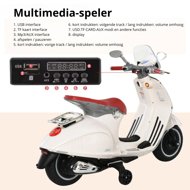 Nancy's Vera Elektrische Kindermotor - Elektrische Voertuig - Kindervoertuig - Kinder Vespa - Muziek / Verlichting - Wit