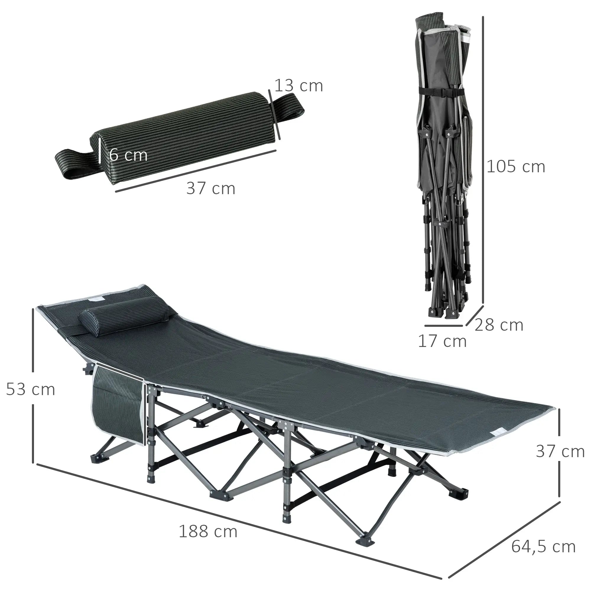 Nancy's Canelli Campingbed - Stretcher - Veldbed - Vouwbed - Grijs - ± 190 x 65 x 55 cm