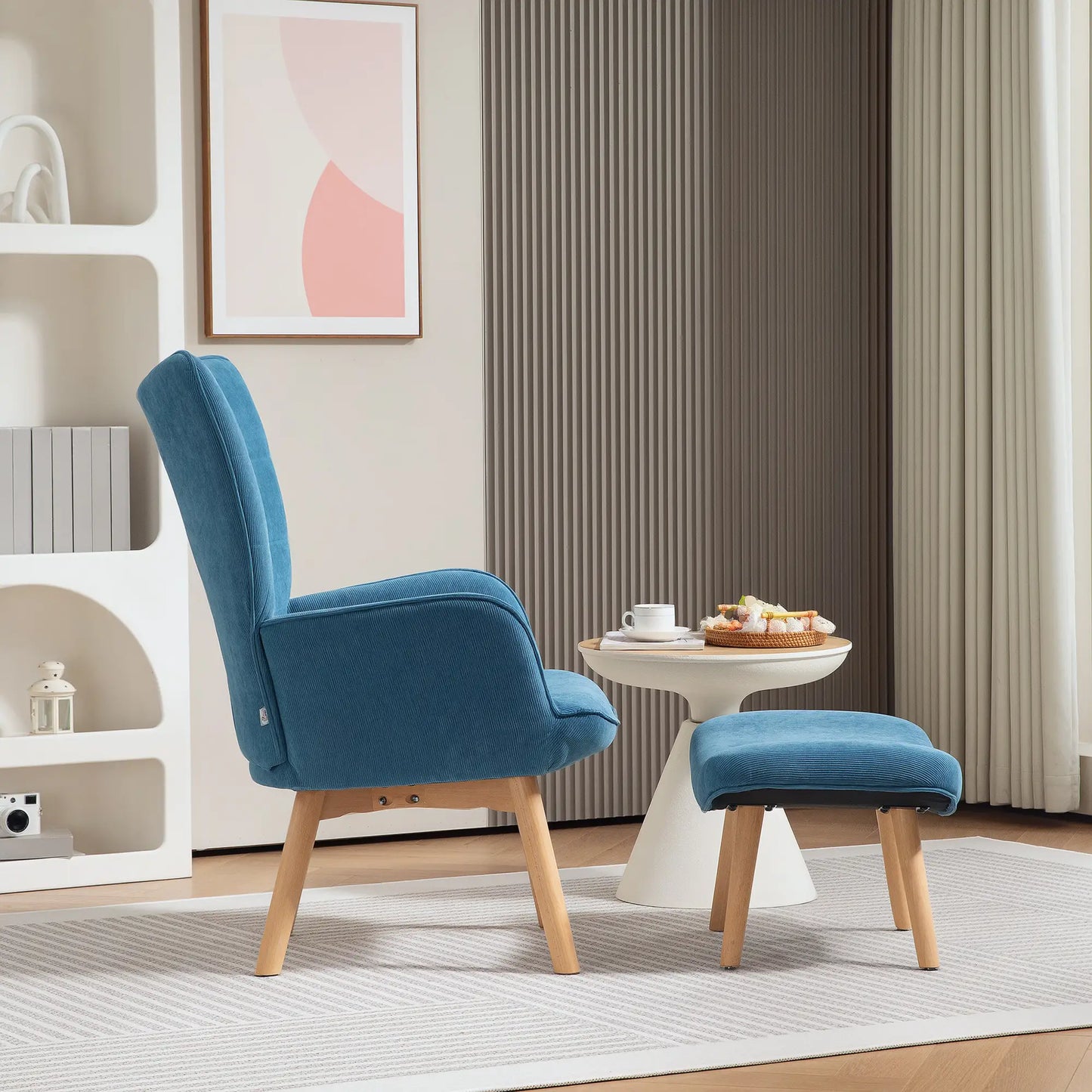 Nancy's Meirinhas Relaxfauteuil met Hocker - Relaxstoel - Loungestoel - Blauw - Ribfluweel