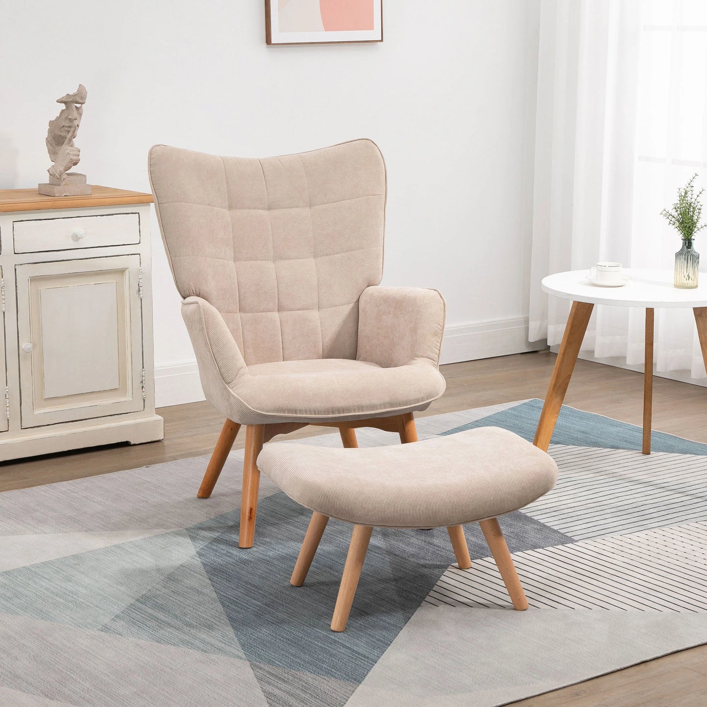 Nancy's Louriçal Relaxfauteuil met Hocker - Relaxstoel - Loungestoel - Beige - Ribfluweel