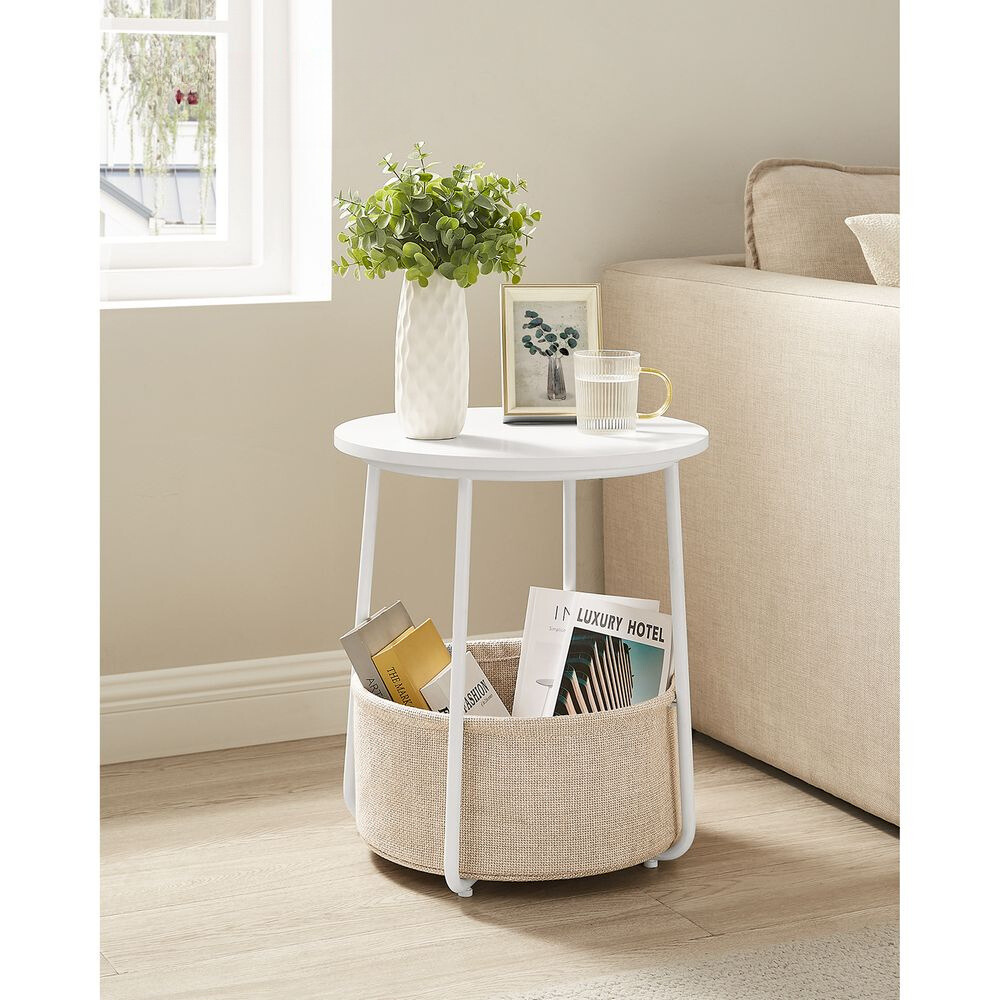 Nancy's Bossico Side Table - Bedside Table - With Storage Basket - White / Beige - Ø 45 x 50 cm