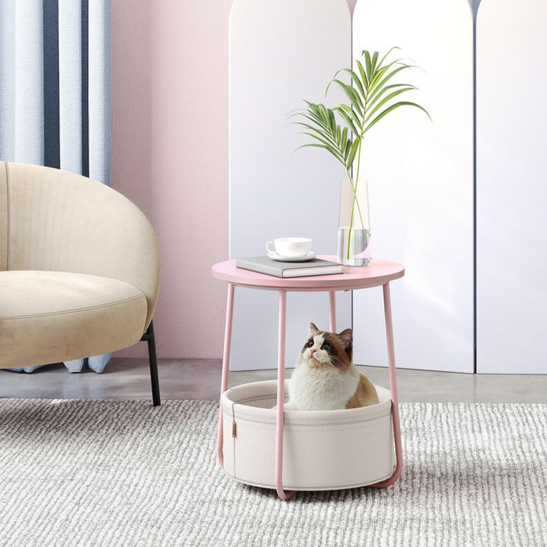 Nancy's Bossico Side Table - Bedside Table - With Storage Basket - Pink / White - Ø 45 x 50 cm