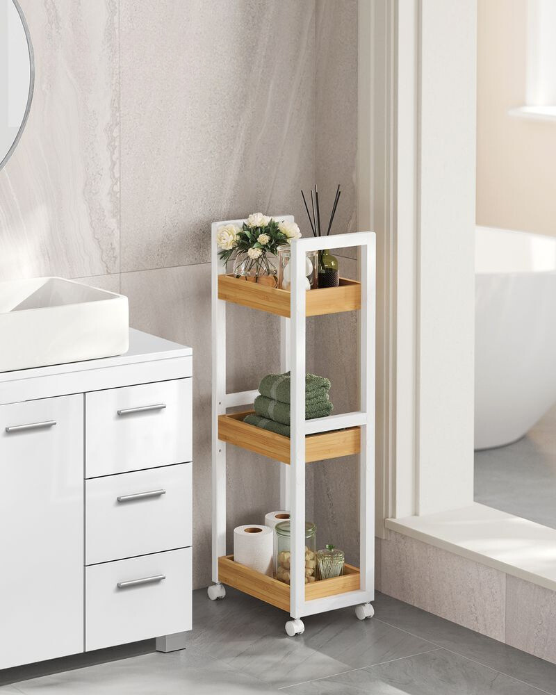 Nancy's Belluno Bathroom shelf - Bathroom cabinet on wheels - White / Natural - 30 x 20 x 80 cm