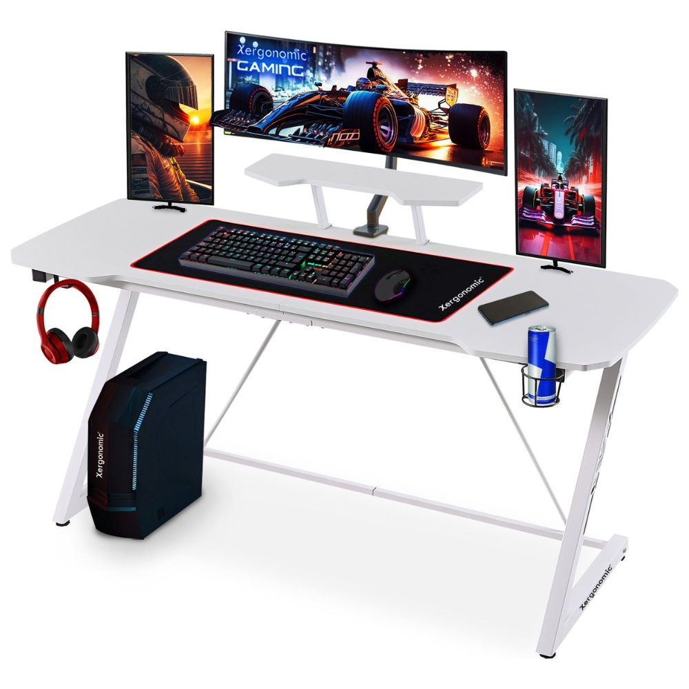 Tweedekans Xergonomic Morpheus Subzero Gaming bureau - Monitorstandaard - Carbon Fiber Coated Toplaag - 160cm- Wit