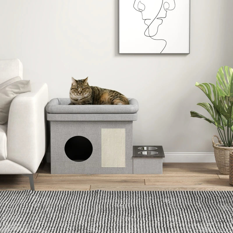 Lit pour chat Rosario de Nancy - Maison pour chat - Avec bols et griffoir - Gris / Blanc - ± 80 x 50 x 50 cm