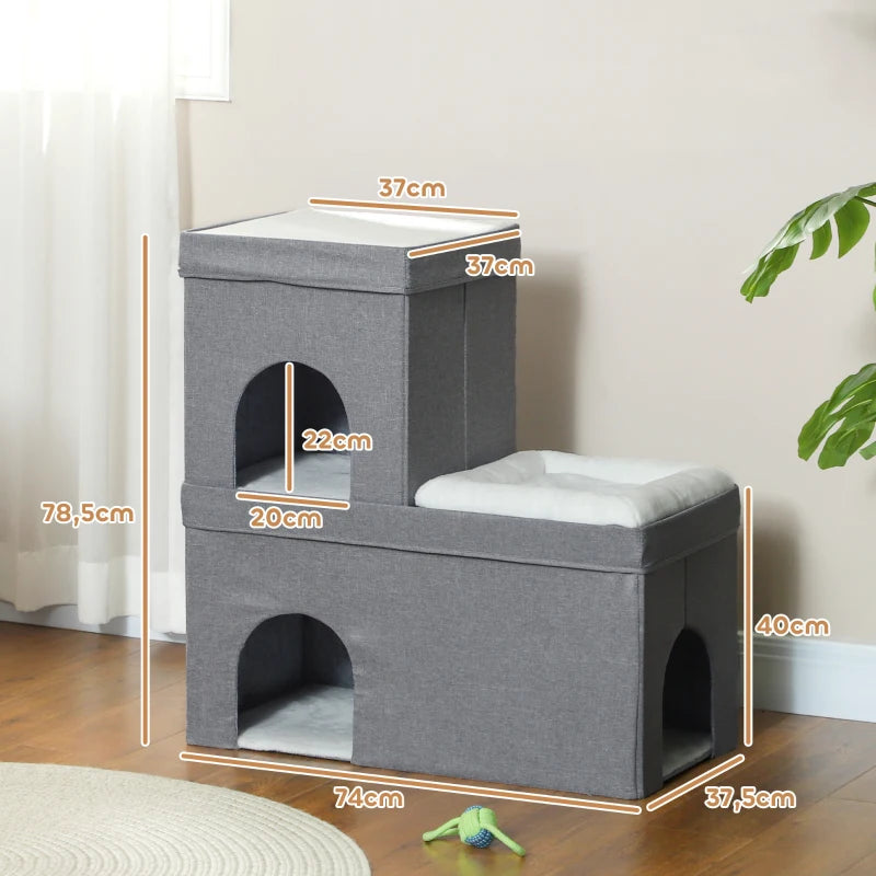 Nancy's Palhacana Kattenhuis - Kattengrot - Kattenvilla - Kattenverblijf - Grijs / Wit - ± 75 x 40 x 80 cm