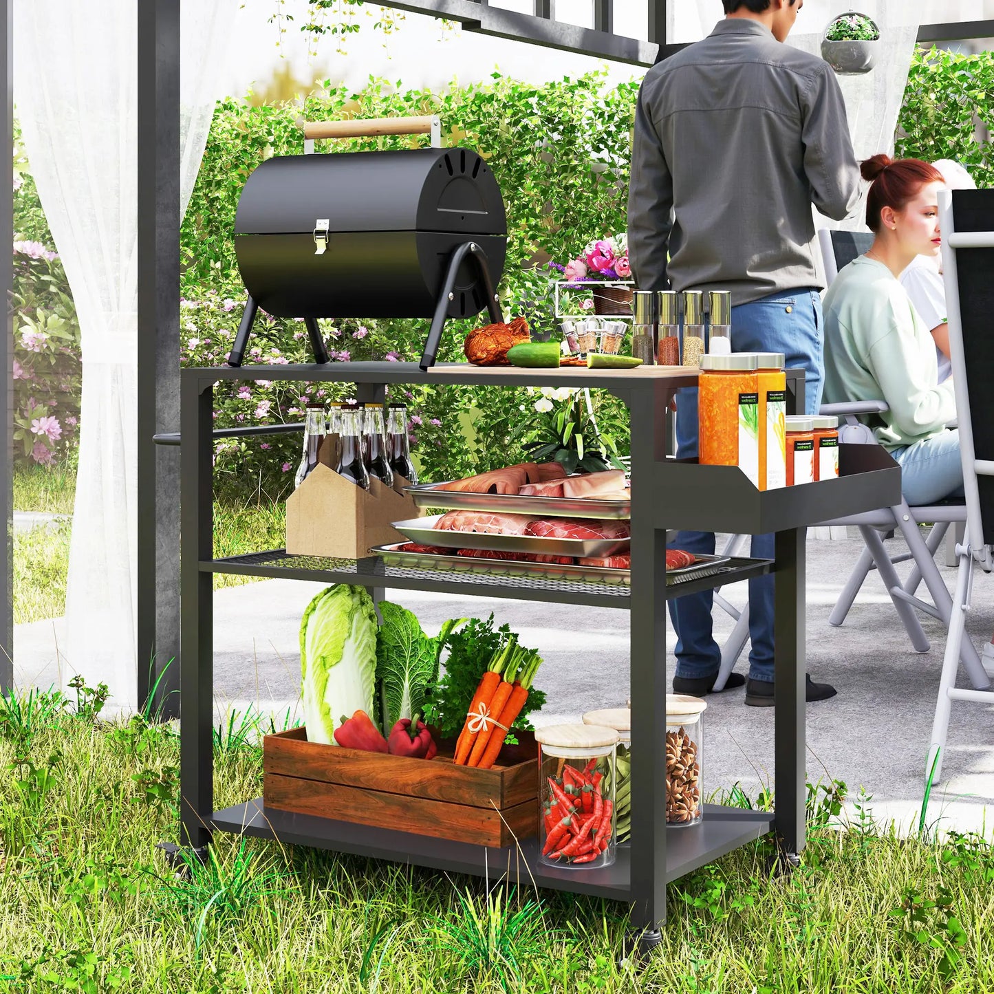 Nancy's Cissone Serveerwagen - Barbecuetrolley - Barbecuetafel - Trolley voor buiten - Zwart - Staal - ± 105 x 50 x 80 cm