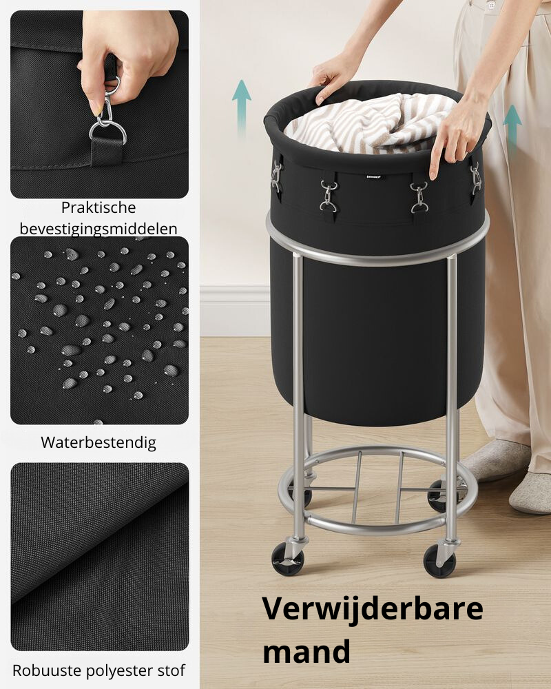 Nancy's Bortigiadas Wasmand - Op Wieltjes - Zwart / Zilver - 70L