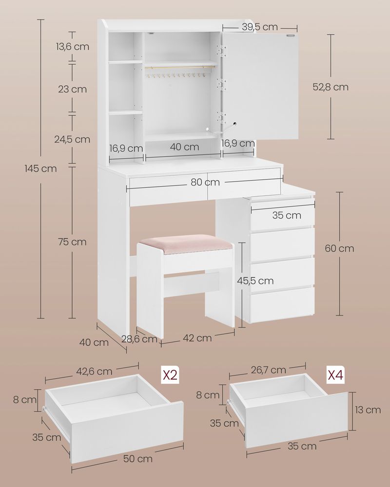 Nancy's Anagni Kaptafel - Make-up Tafel - LED Verlichting - Inclusief Kruk - Wit - ± 40 x 100 x 145 cm