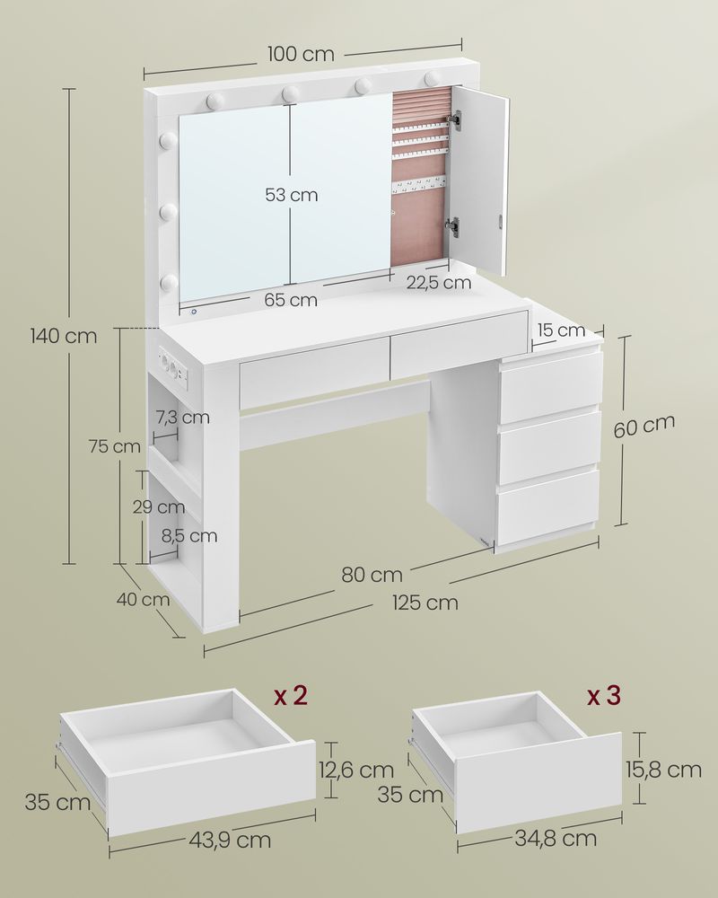 Nancy's Vascões Kaptafel - Make up tafel met Spiegel en Verlichting - Wit - 125 x 40 x 140 cm