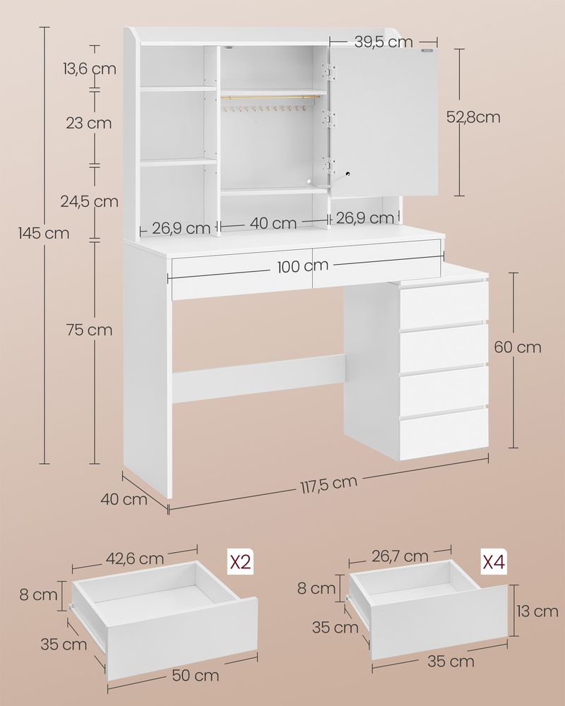 Nancy's Ampezzo Kaptafel - Make-up Tafel - LED Verlichting - Wit - ± 40 x 120 x 145 cm