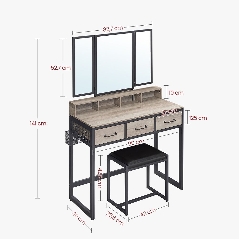 Nancy's Minhocal Make Up Tafel Met Spiegel en Hocker - Kaptafel - Kaptafel Kruk - Grijs / Zwart - ± 90 x 40 x 140 cm