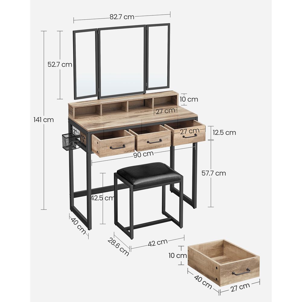 Nancy's Prados Make Up Tafel Met Spiegel en Hocker - Kaptafel - Kaptafel Kruk - Eiken Bruin / Zwart - ± 40 x 90 x 140 cm