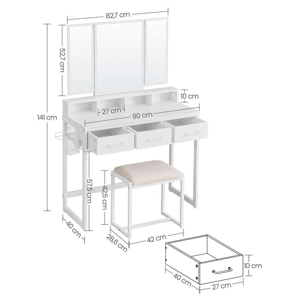 Nancy's Amorosi Kaptafel - Make-up Tafel - Inclusief Kruk - Wit - ± 40 x 90 x 140 cm