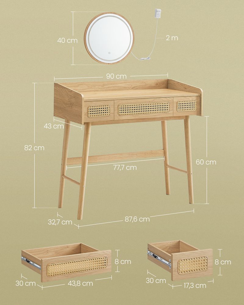 Nancy's Borrello Kaptafel - Make-up Tafel - Cosmetica Tafel - Met Spiegel en LED-verlichting - Eiken Beige - ± 40 x 90 x 80 cm