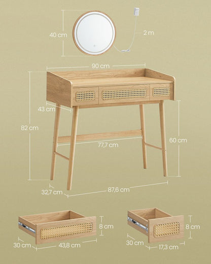 Nancy's Borrello Kaptafel - Make-up Tafel - Cosmetica Tafel - Met Spiegel en LED-verlichting - Eiken Beige - ± 40 x 90 x 80 cm