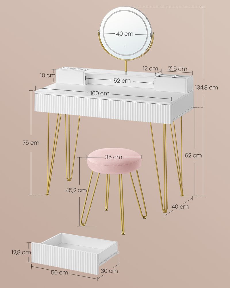 Nancy's Peso XL Kaptafel met Hocker - Make Up Tafel met Spiegel - Make Up Verlichting - Wit / Goud - ± 40 x 100 x 135 cm