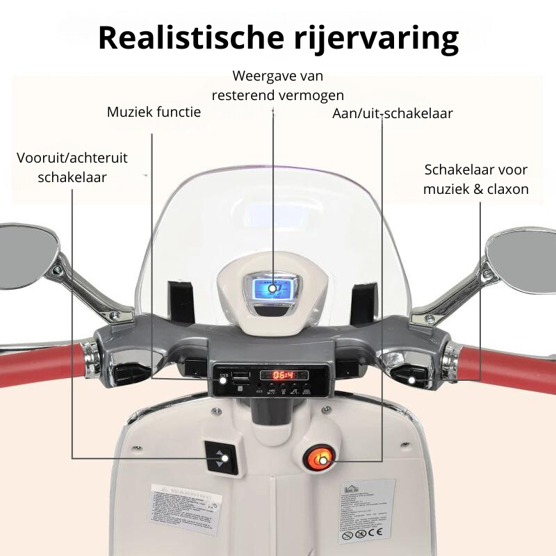 Nancy's Vera Elektrische Kindermotor - Elektrische Voertuig - Kindervoertuig - Kinder Vespa - Muziek / Verlichting - Wit