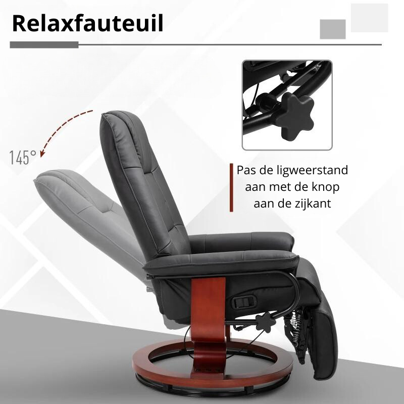 Nancy's Mayfield Relaxfauteuil - Ligstoel - Kunstleer - Voetensteun - Draaibaar - Kantelbaar - Hout - Zwart