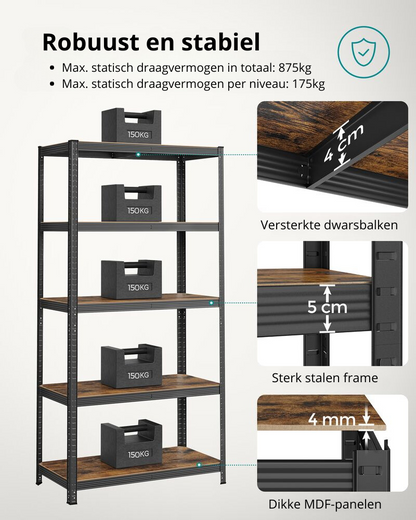 Nancy's Brescia Stellingkast Extra Diep - Opbergkast - Stellingrek - Bruin - Staal - 120 x 60 x 200 cm