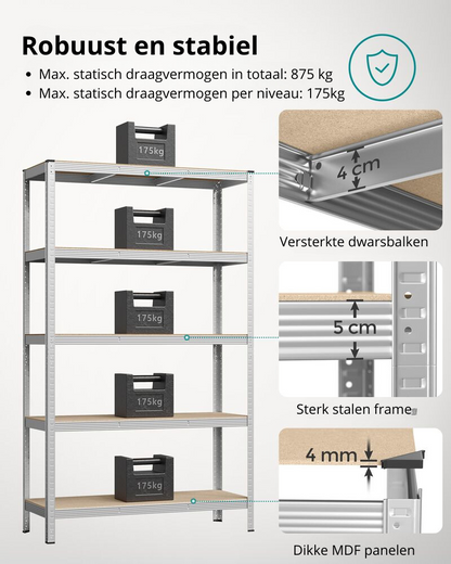 Nancy's Brescia Stellingkast Extra Diep - Opbergkast - Stellingrek - Zilver - Staal - 120 x 60 x 200 cm