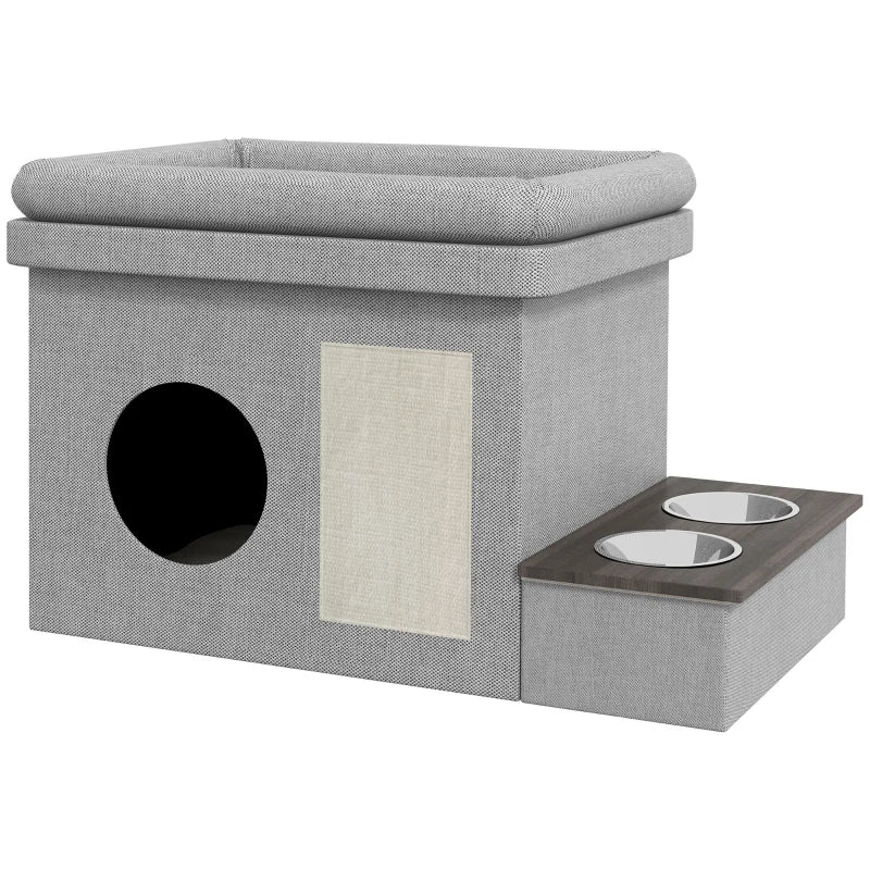 Lit pour chat Rosario de Nancy - Maison pour chat - Avec bols et griffoir - Gris / Blanc - ± 80 x 50 x 50 cm