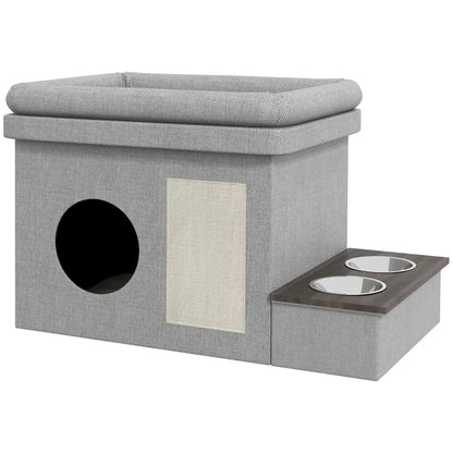 Nancy's Rosario Kattenbed - Kattenhuis - Met Voerbakken & Krabpad - Grijs / Wit - ± 80 x 50 x 50 cm