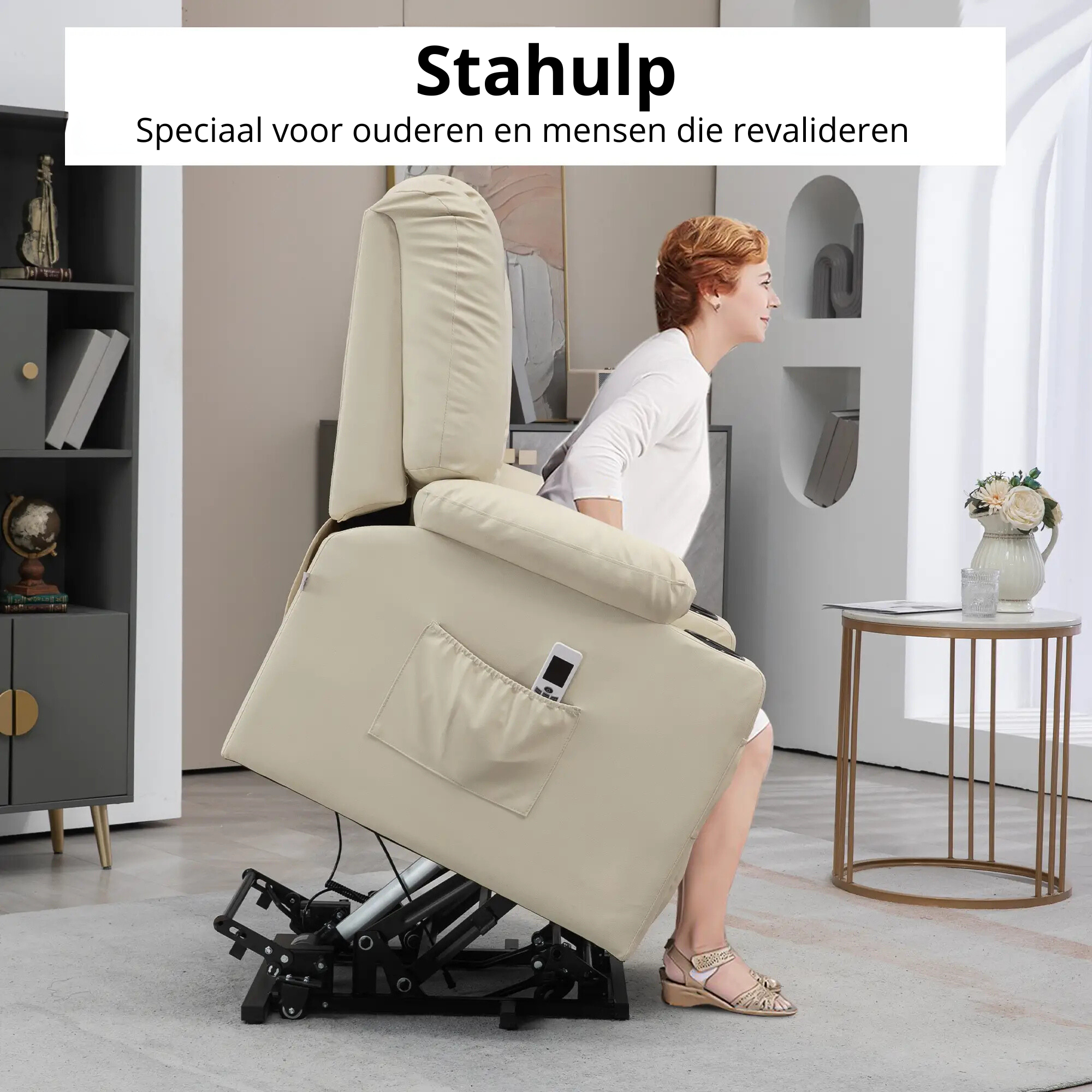 Nancy's Ligares Sta op stoel - Opsta stoel - Seniorenstoel - Massagestoel - Relaxfauteuil - Roomwit - Kunstleer