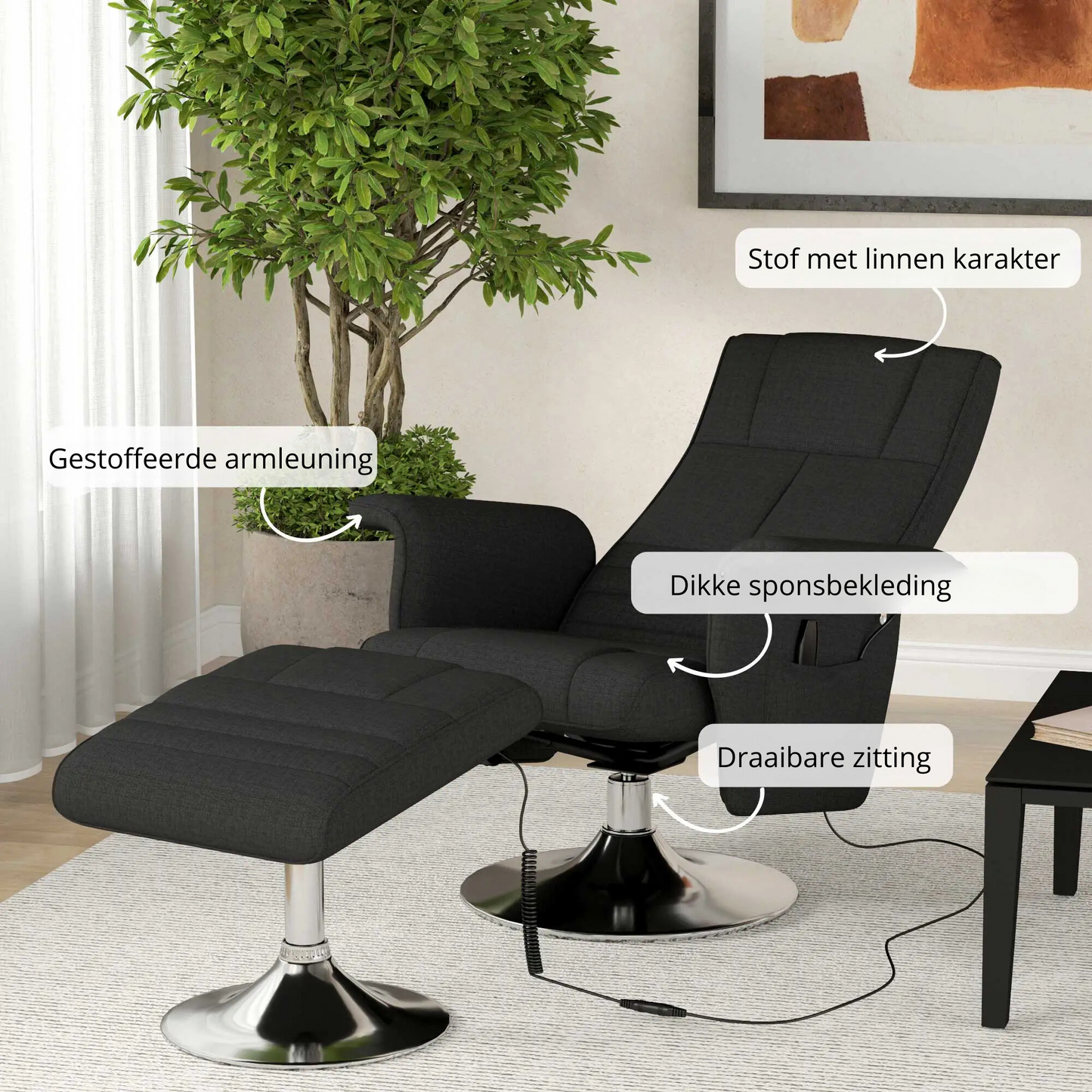 Nancy's Flamengos Massagestoel - Relaxstoel - Loungestoel - Fauteuil - Zwart - Linnen