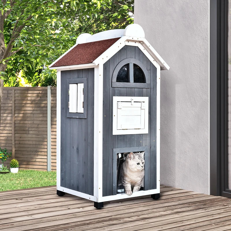 Nancy's Anglo Pond Kattenhuis - Kattenvilla -  Kattenverblijf -  Grijs - Dennenhout - ± 60 x 55 x 110 cm